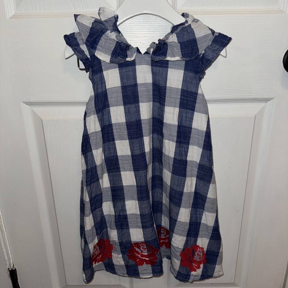 Janie And Jack Girls Blue White Check Floral Dress Size 6 Cap Sleeve